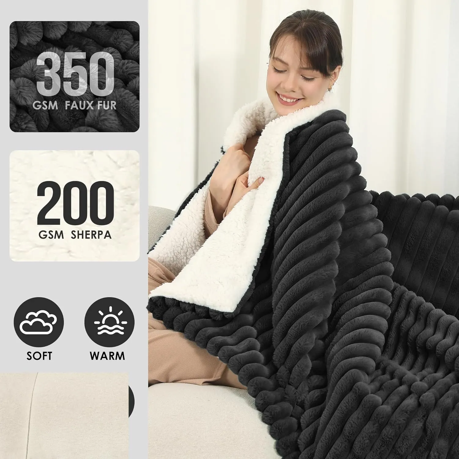 Electric Throw Blanket, Super Cozy Luxury Faux Fur & Sherpa with 5 Heating Levels & 4 Hours Auto Off, Fast Heating & Overheat Protection, 50x60 Inch Heated Throw Choice of Gift, Charcoal