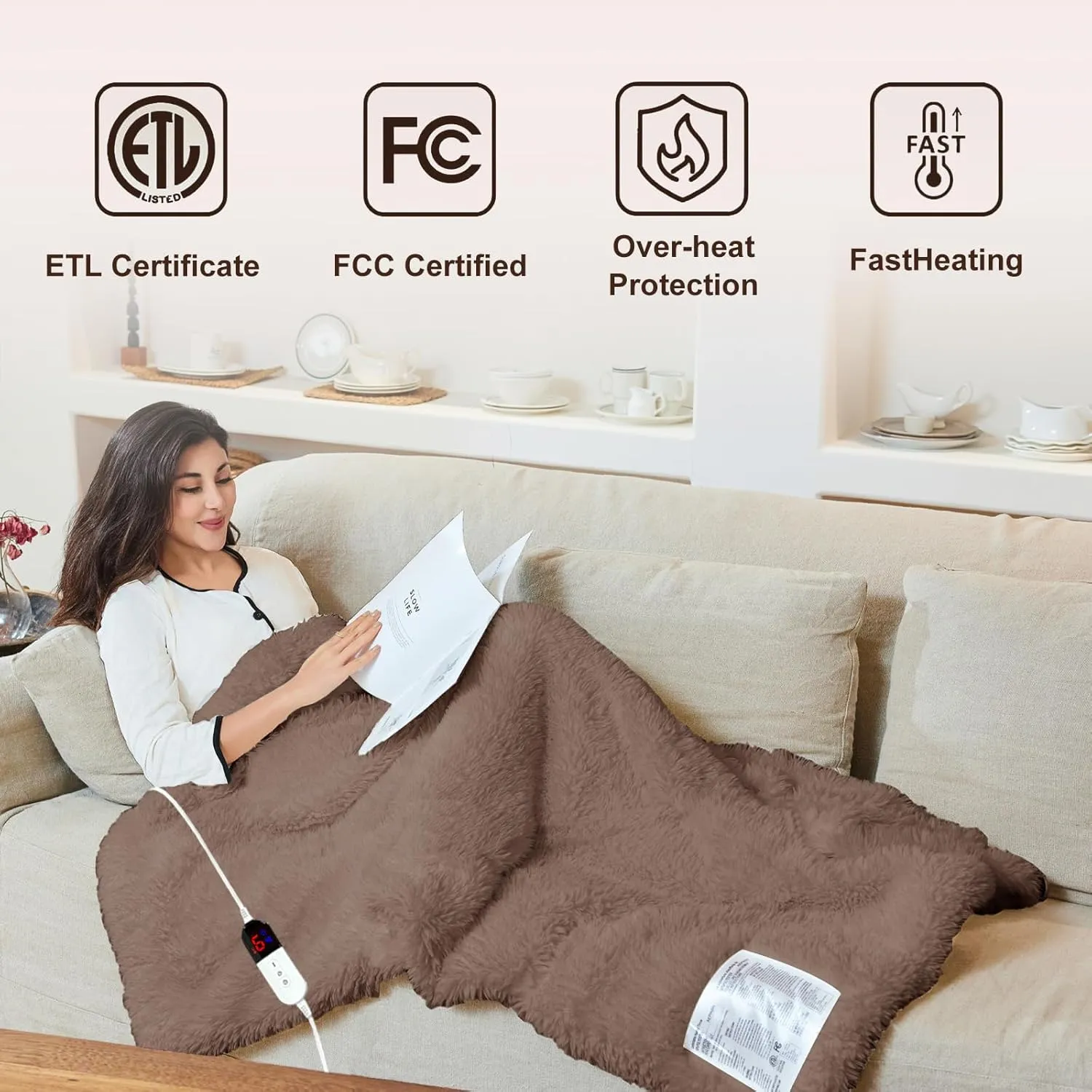 Electric Throw Blanket, Super Cozy Shaggy Faux Rabbit Fur with 6 Fast Heating Levels & 4 Hours Auto Off, ETL & FCC Certified & Overheat Protection, 50x60 Inch Soft Heated Blanket Throw, Brown