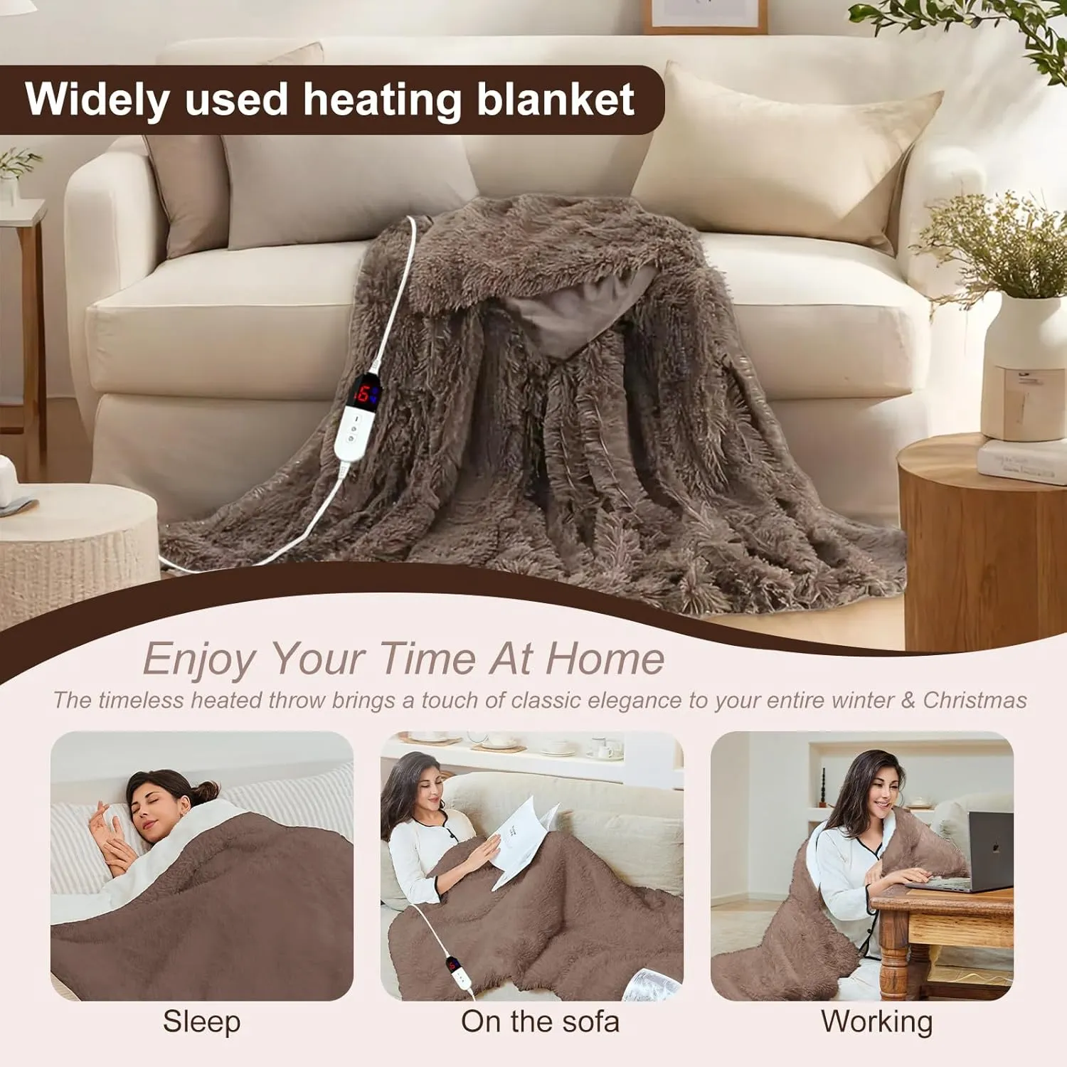 Electric Throw Blanket, Super Cozy Shaggy Faux Rabbit Fur with 6 Fast Heating Levels & 4 Hours Auto Off, ETL & FCC Certified & Overheat Protection, 50x60 Inch Soft Heated Blanket Throw, Brown
