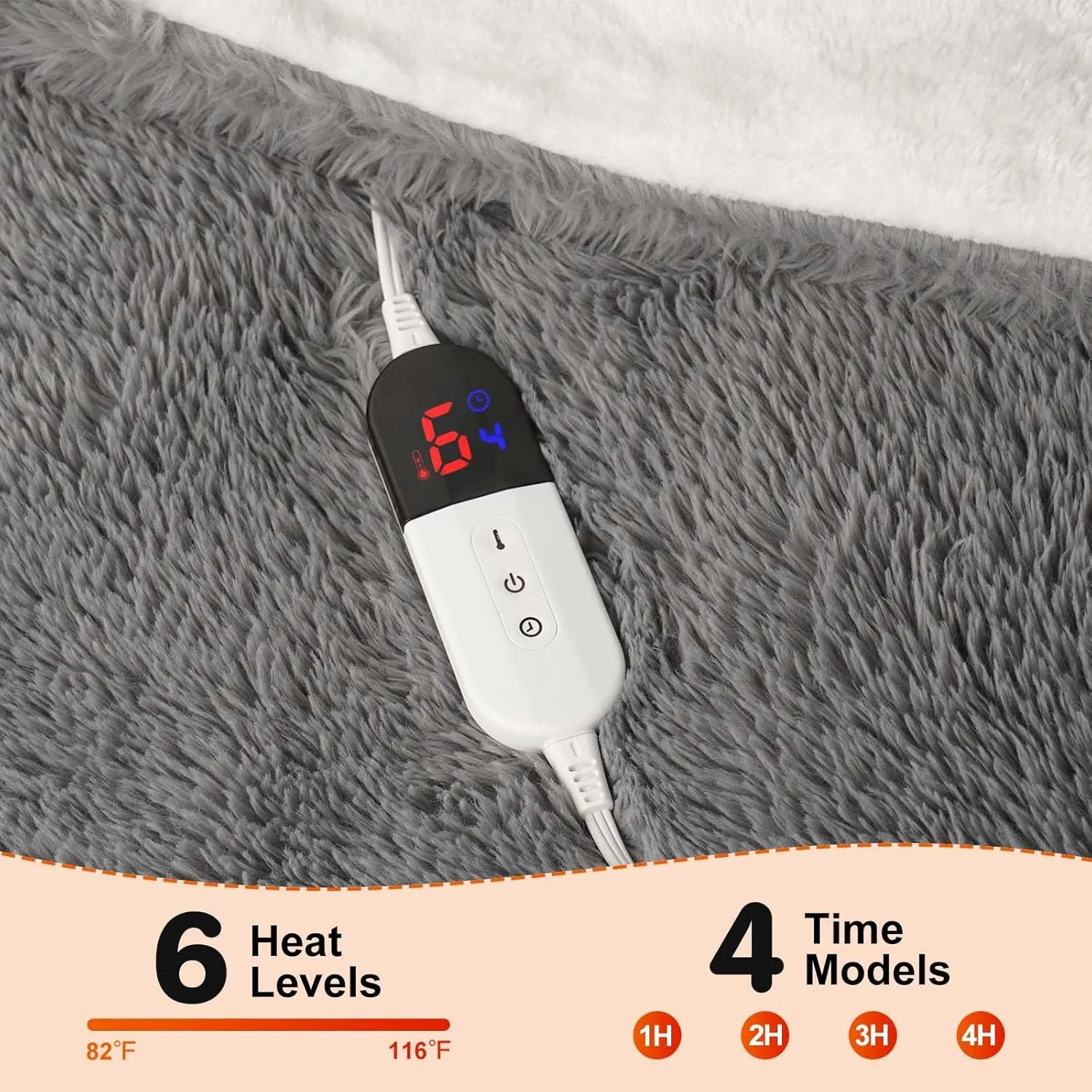 Electric Throw Blanket, Super Cozy Shaggy Faux Rabbit Fur with 6 Fast Heating Levels & 4 Hours Auto Off, ETL & FCC Certified & Overheat Protection, 50x60 Inch Soft Heated Blanket Throw, Gray