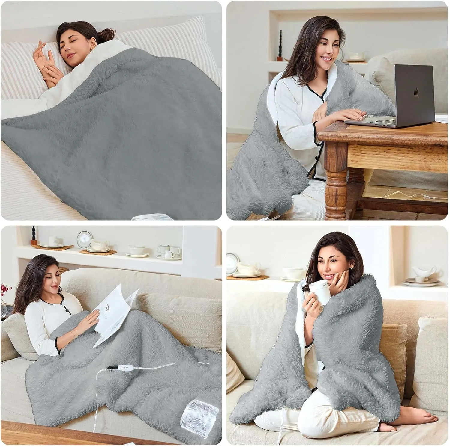 Electric Throw Blanket, Super Cozy Shaggy Faux Rabbit Fur with 6 Fast Heating Levels & 4 Hours Auto Off, ETL & FCC Certified & Overheat Protection, 50x60 Inch Soft Heated Blanket Throw, Gray
