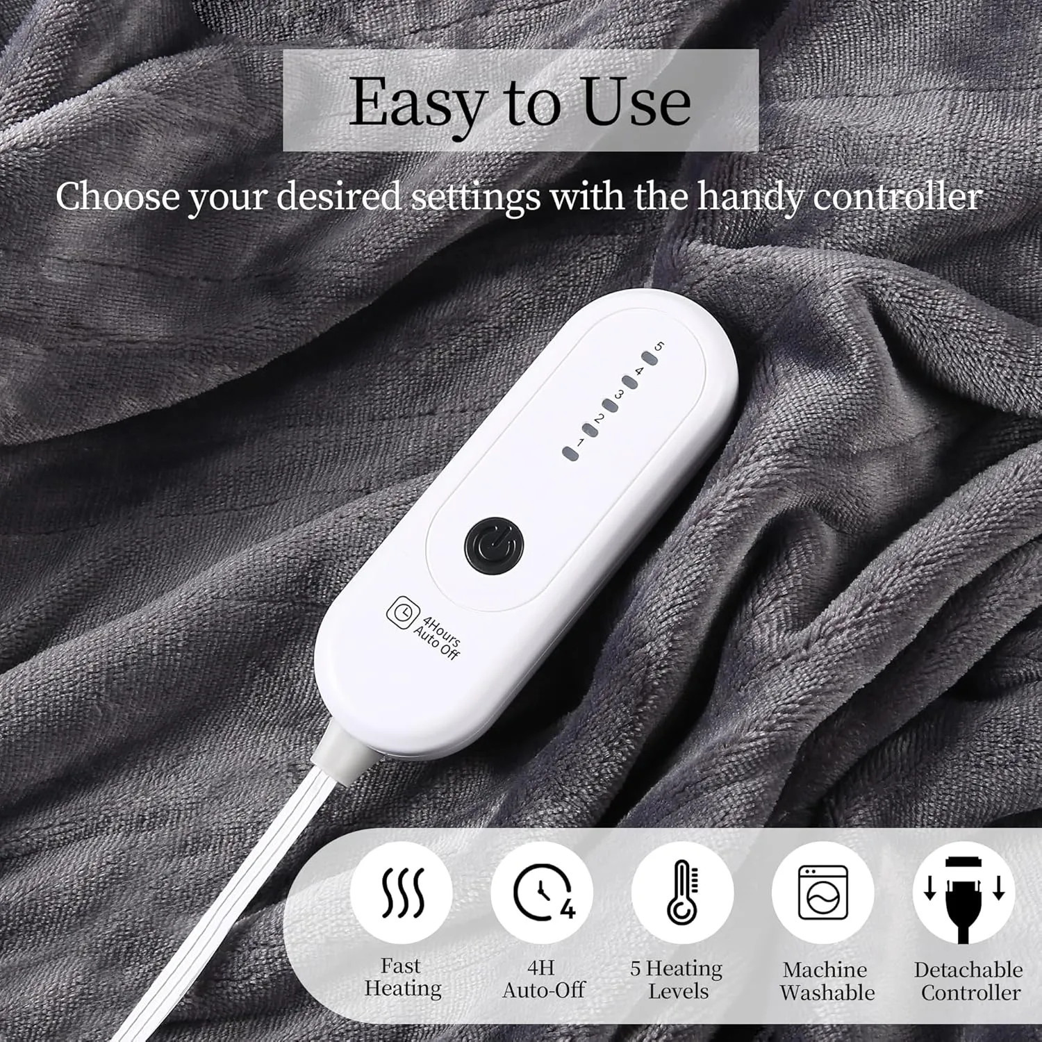 Electric Throw Heated Blanket, Super Silky Soft Cozy Flannel 50" x 60" Electric Blanket with 5 Fast Heating Levels & 4 Hours Auto Off, Heating Throw Blanket with ETL & FCC Certification, Dark Gray