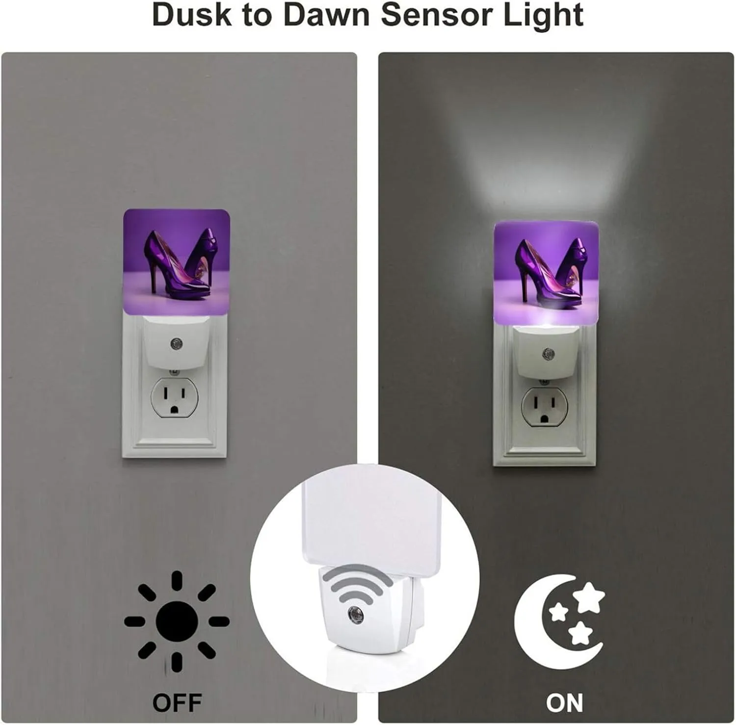 Elegant Purple High Heels with Lipstick Plug-in Night Lights for Multi-Location use - a Set of 2, 0.5W Energy Saving LED Lights - Soft Light