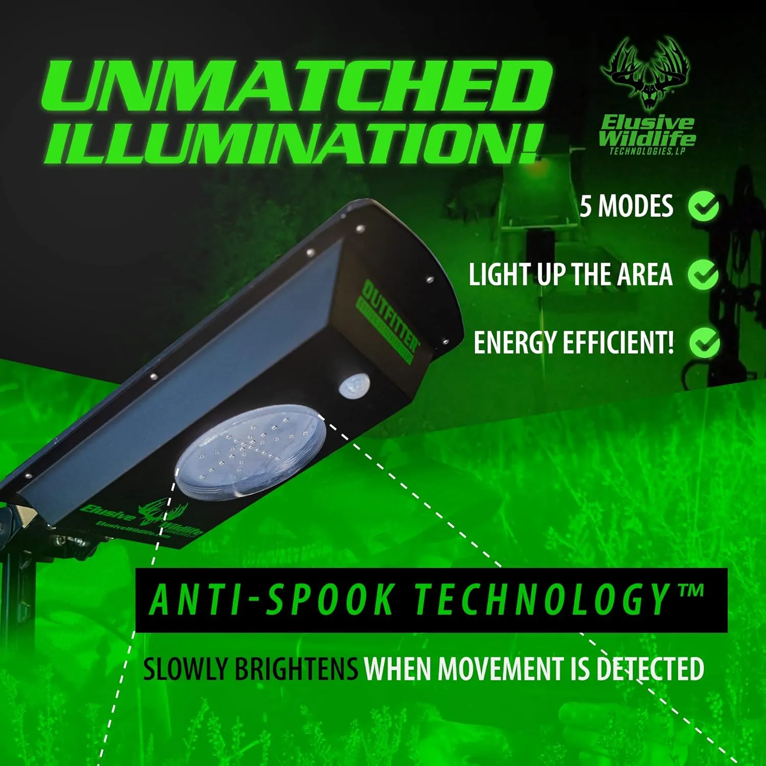 Elusive Wildlife | Kill Light Outfitter Solar-Powered Feeder Light - Night Hog Hunting | Motion-Activated, High-Intensity Lighting (Green)