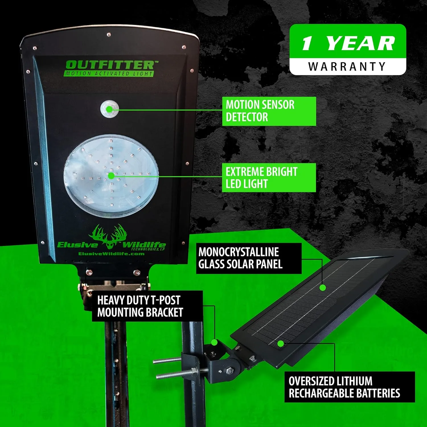 Elusive Wildlife | Kill Light Outfitter Solar-Powered Feeder Light - Night Hog Hunting | Motion-Activated, High-Intensity Lighting (Green)