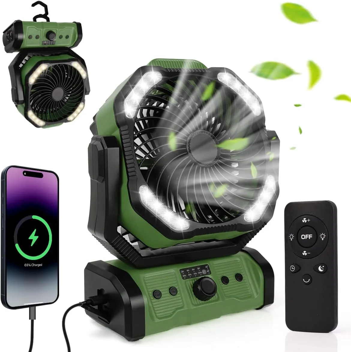 ELZO 20000mAh Camping Fan with LED Light, Portable Rechargeable Desk/Tent/USB Fan with Remote & Hook, 270°Head Rotation, Stepless Speed, with Sleep Mode for Home Outdoor Office Travel Fishing