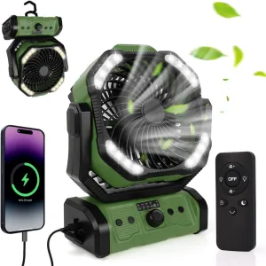 ELZO 20000mAh Camping Fan with LED Light, Portable Rechargeable Desk/Tent/USB Fan with Remote & Hook, 270°Head Rotation, Stepless Speed, with Sleep Mode for Home Outdoor Office Travel Fishing