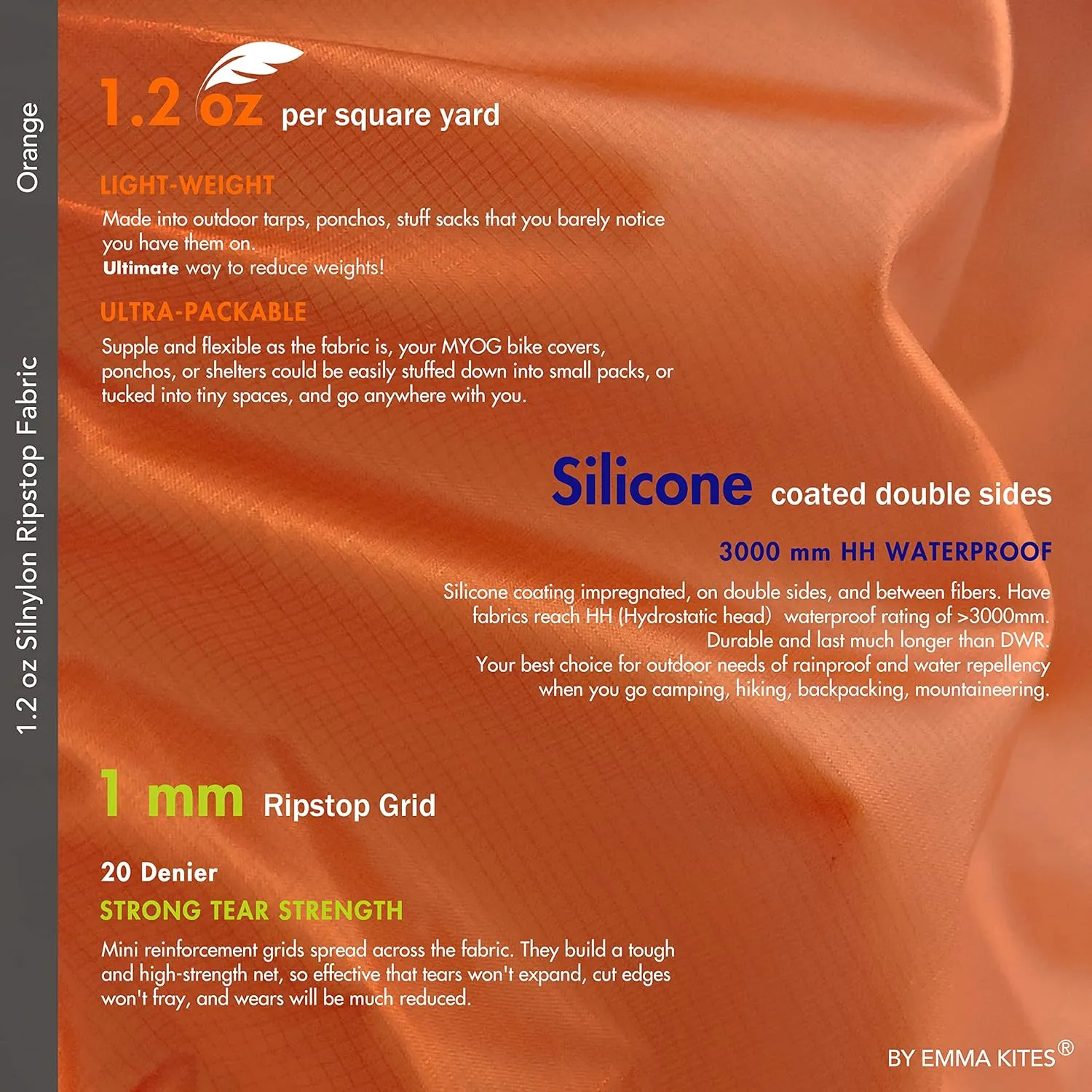 emma kites Orange 20D Ripstop Nylon Fabric Waterproof 1.2 oz Silnylon Silicone Coating Ultralight Tear Resistant for Tarp Tent Poncho Rainfly Pack Cover Stuff Gear Sack Pre-Cut 3 Yard (60"x108")