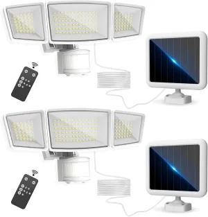 Energetic Solar Outdoor Lights, 1800LM 150 LED Security Motion Sensor Outdoor Lights with Remote Control, IP65 Waterproof Floodlight, 3 Head Motion Detected Spotlight for Garage, Pack of 2 (White)