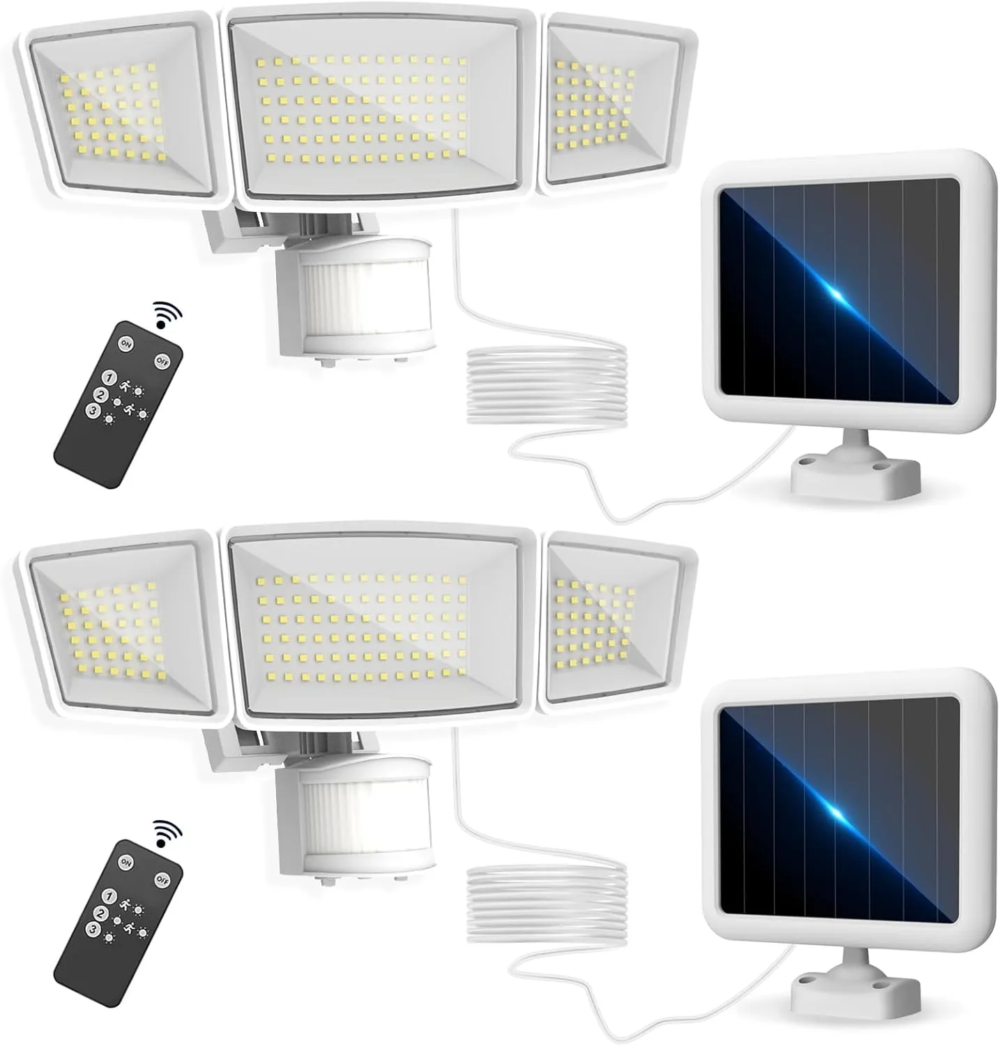 Energetic Solar Outdoor Lights, 1800LM 150 LED Security Motion Sensor Outdoor Lights with Remote Control, IP65 Waterproof Floodlight, 3 Head Motion Detected Spotlight for Garage, Pack of 2 (White)