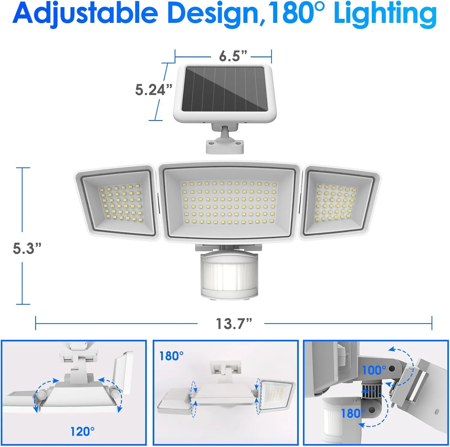 Energetic Solar Outdoor Lights, 1800LM 150 LED Security Motion Sensor Outdoor Lights with Remote Control, IP65 Waterproof Floodlight, 3 Head Motion Detected Spotlight for Garage, Pack of 2 (White)