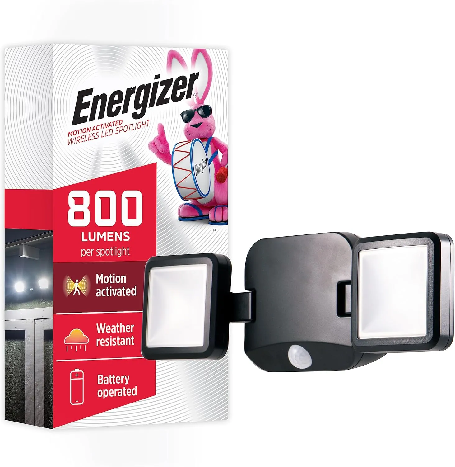 Energizer LED Flood Light Outdoor, Security Light, 2 Head, Wireless, Battery Operated, 800 Lumens, Swivels & Rotates, Weather-Resistant, Motion Sensor Outdoor Light, Black, 1 Pack, 40776