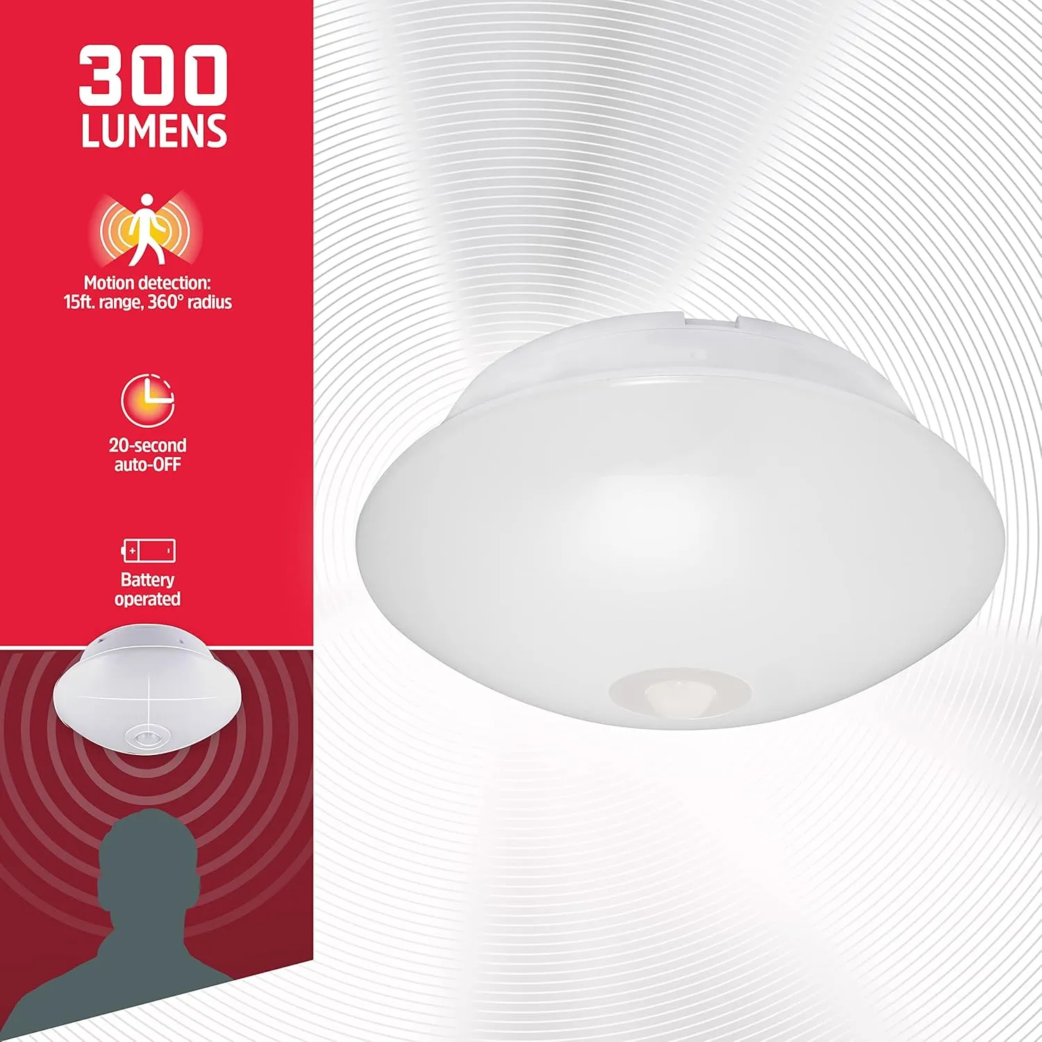 Energizer Motion-Activated LED Ceiling Light, Battery Operated, 300 Lumens, No Wiring Needed, 15ft. Motion Sensing, Great for Laundry Room, Garage, Closets, and More, 39677