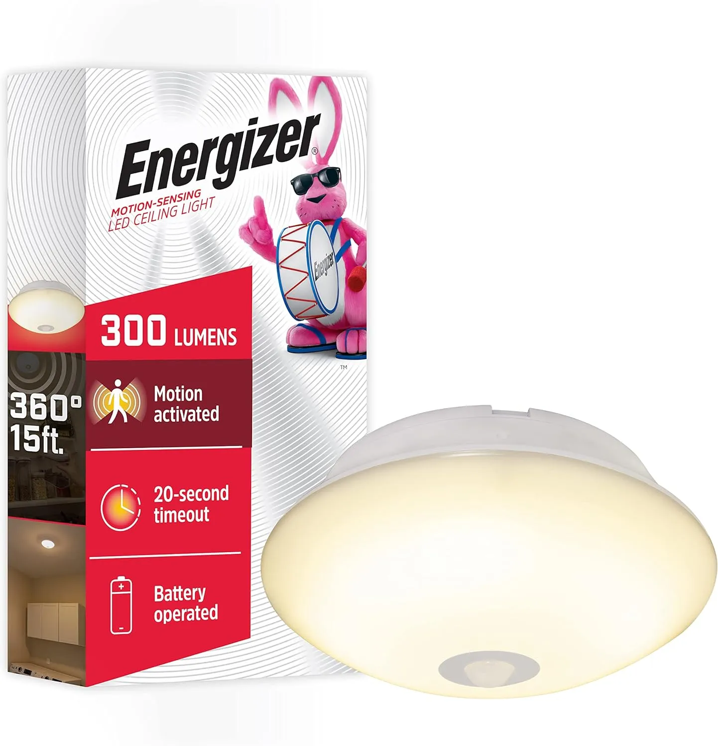 Energizer Motion-Activated LED Ceiling Light, Battery Operated, 300 Lumens, No Wiring Needed, 15ft. Motion Sensing, Great for Laundry Room, Garage, Closets, and More, 39677