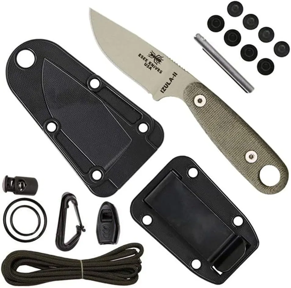 ESEE Izula-II Fixed Blade Knife, Survival Kit, Ambidextrous Sheath, Belt Clip, Made In USA (Desert Tan Blade/Black Sheath/Survival Kit)