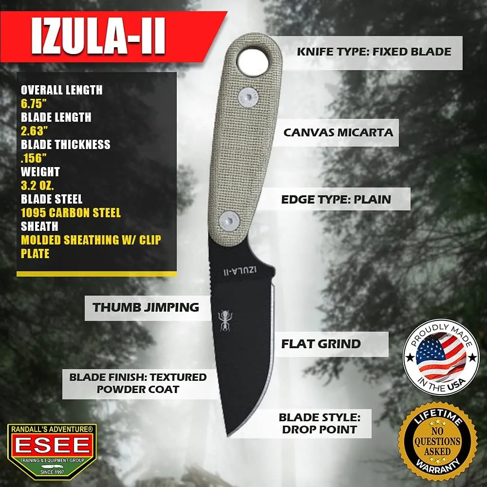 ESEE Knives Izula Fixed Blade Knife with Survival Kit, Handles, Sheath, & Clip Plate (Black/Grey Handle)