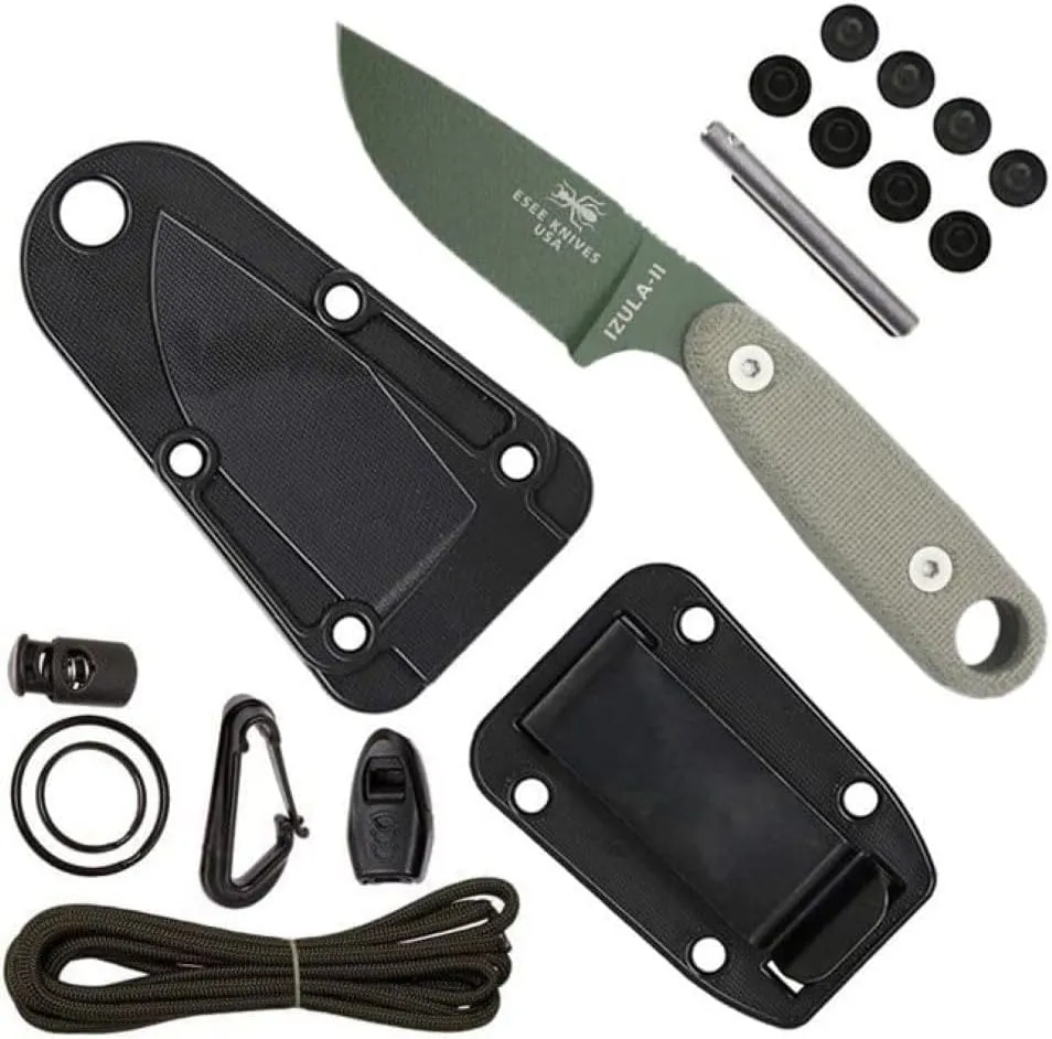ESEE Knives Izula II Fixed Blade Knife w/Survival Kit, Sheath, Clip Plate, & Micarta Handle (Olive Drab Blade/Black Sheath/Survival Kit)