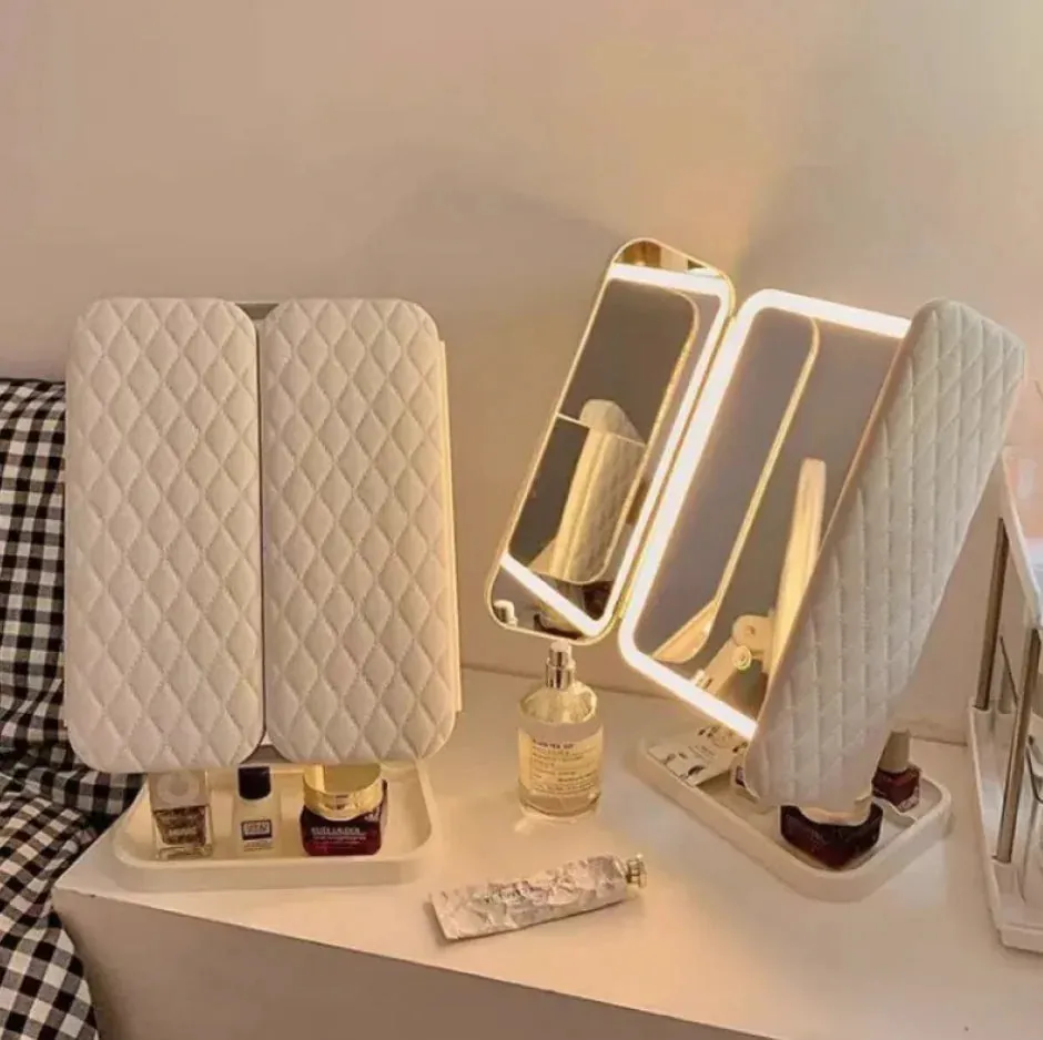 Espejo de Maquillaje LED con Lámpara de Escritorio Tri-Fold