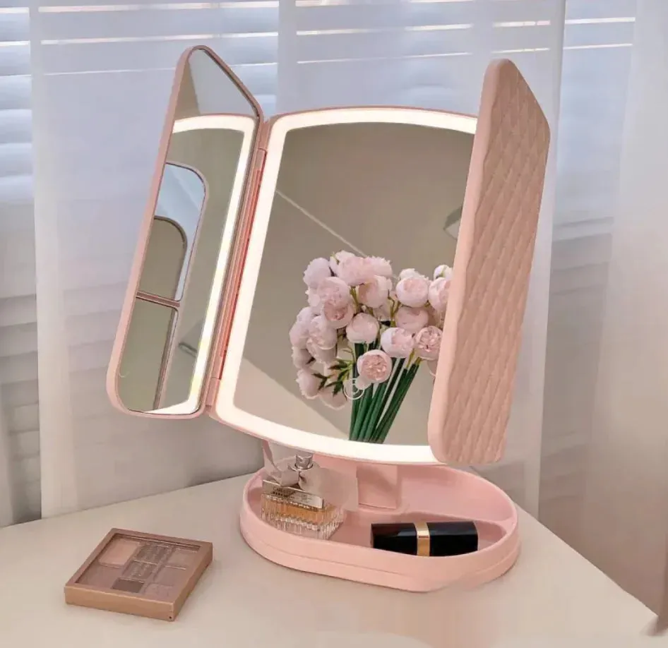 Espejo de Maquillaje LED con Lámpara de Escritorio Tri-Fold