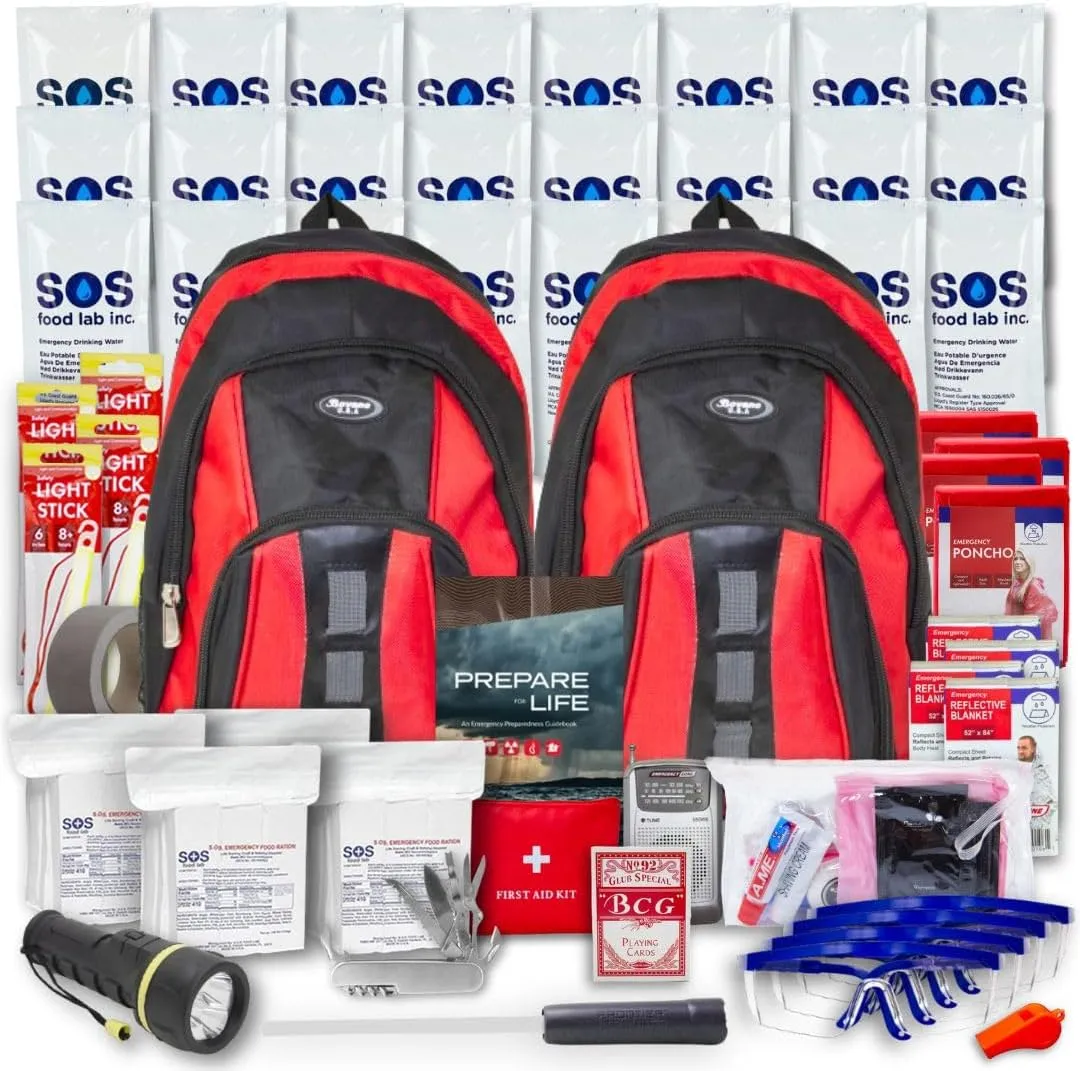 Essentials Complete Deluxe Survival Kit 2 & 4 Person | Bug-Out-Bag | Emergency Go Bag Kit for Wildfires, Hurricanes, and Other Natural Disasters