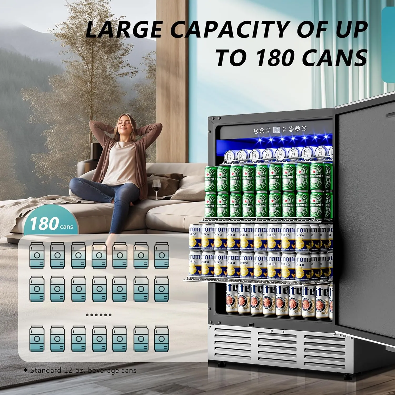 EUHOMY 24 Inch Beverage Refrigerator, Built-in and Freestanding Beverage Cooler 180 Can, Under Counter Beverage Fridge with Stainless Steel Door, Outdoor Refrigerator for Soda, Beer, Wine