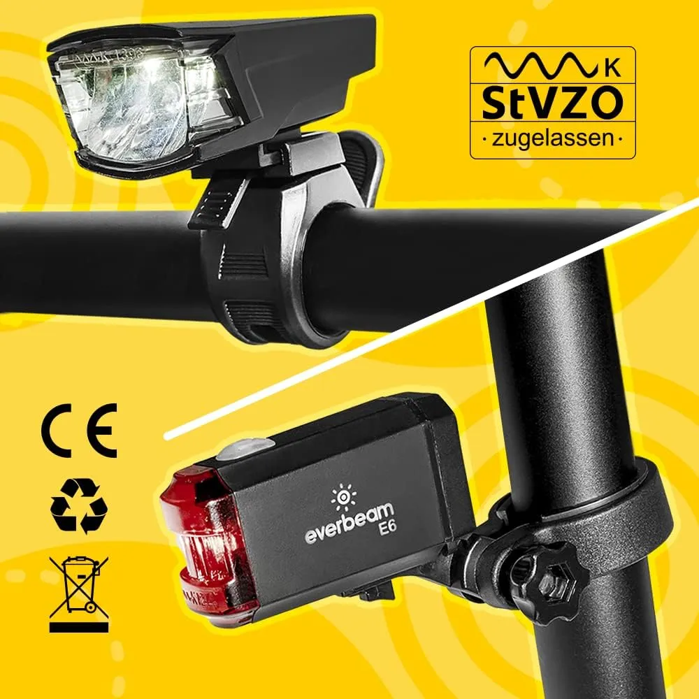Everbeam Bike Lights Front and Back LED Bike Light Set. StVZO Rechargeable, for Night Riding, USB Bicycle Light Safety Light Beam for Cars