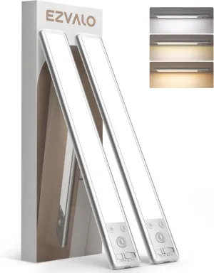 EZVALO Under Cabinet Lighting, 80 LED Motion Sensor Lights Indoor with 3 Color Temps, 1900mAh Rechargeable Under Cabinet Lights Wireless, Dimmable Under Counter Lights for Kitchen, Closet (2 Pack)