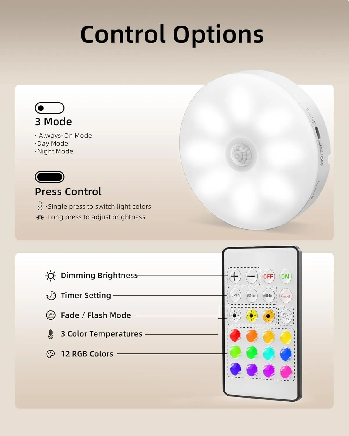 EZVALO Under Cabinet Lighting, Rechargeable Motion Sensor Puck Lights with Remote, 3 Color Temps &12 RGB LED Rechargeable LED Night Light, Dimmable Magnetic Under Counter Lights for Kitchen (6 Pack)