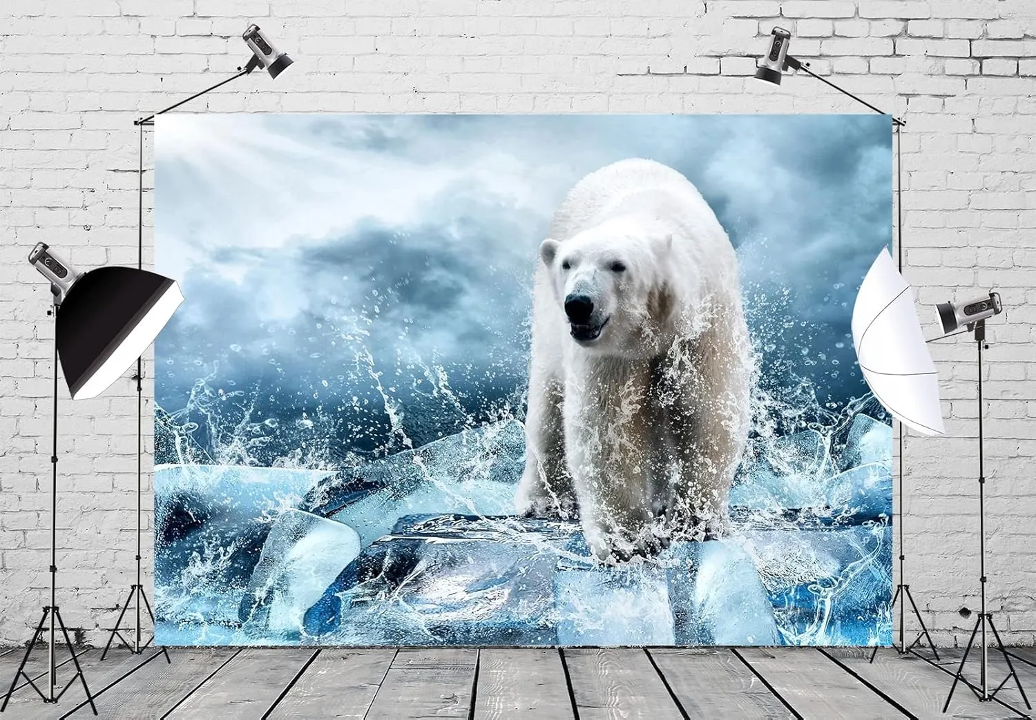 Fabric 8x6ft White Polar Bear Backdrop Spray Water Ice Ocean Background Winter Sunshine Photography Backdrops Polar Animal Party Decorations for Kid Adult Photo Booth Shoot Studio Props