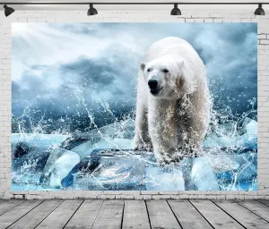 Fabric 8x6ft White Polar Bear Backdrop Spray Water Ice Ocean Background Winter Sunshine Photography Backdrops Polar Animal Party Decorations for Kid Adult Photo Booth Shoot Studio Props