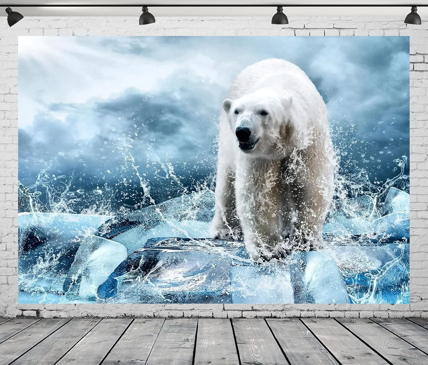 Fabric 8x6ft White Polar Bear Backdrop Spray Water Ice Ocean Background Winter Sunshine Photography Backdrops Polar Animal Party Decorations for Kid Adult Photo Booth Shoot Studio Props