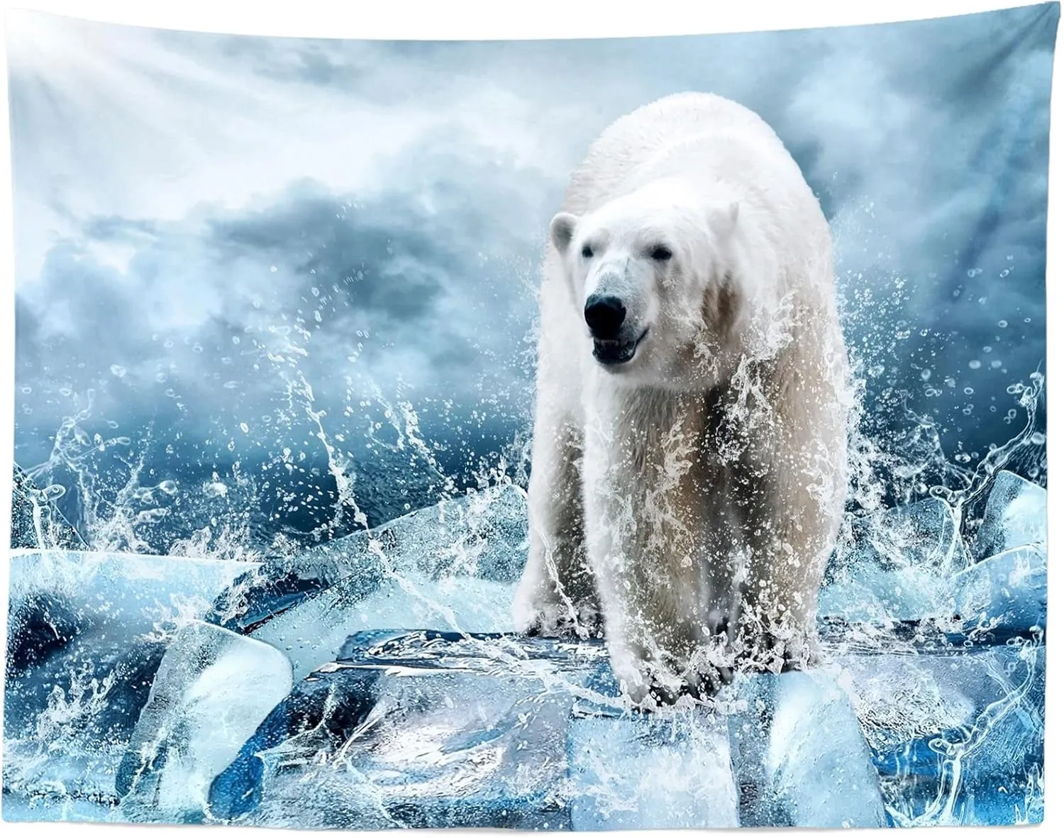 Fabric 8x6ft White Polar Bear Backdrop Spray Water Ice Ocean Background Winter Sunshine Photography Backdrops Polar Animal Party Decorations for Kid Adult Photo Booth Shoot Studio Props