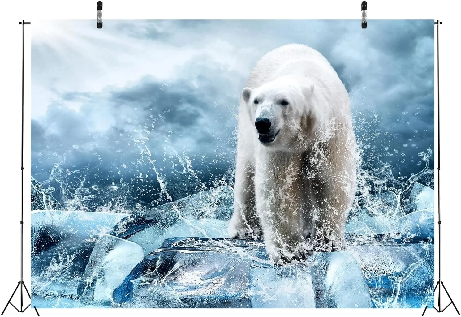 Fabric 8x6ft White Polar Bear Backdrop Spray Water Ice Ocean Background Winter Sunshine Photography Backdrops Polar Animal Party Decorations for Kid Adult Photo Booth Shoot Studio Props
