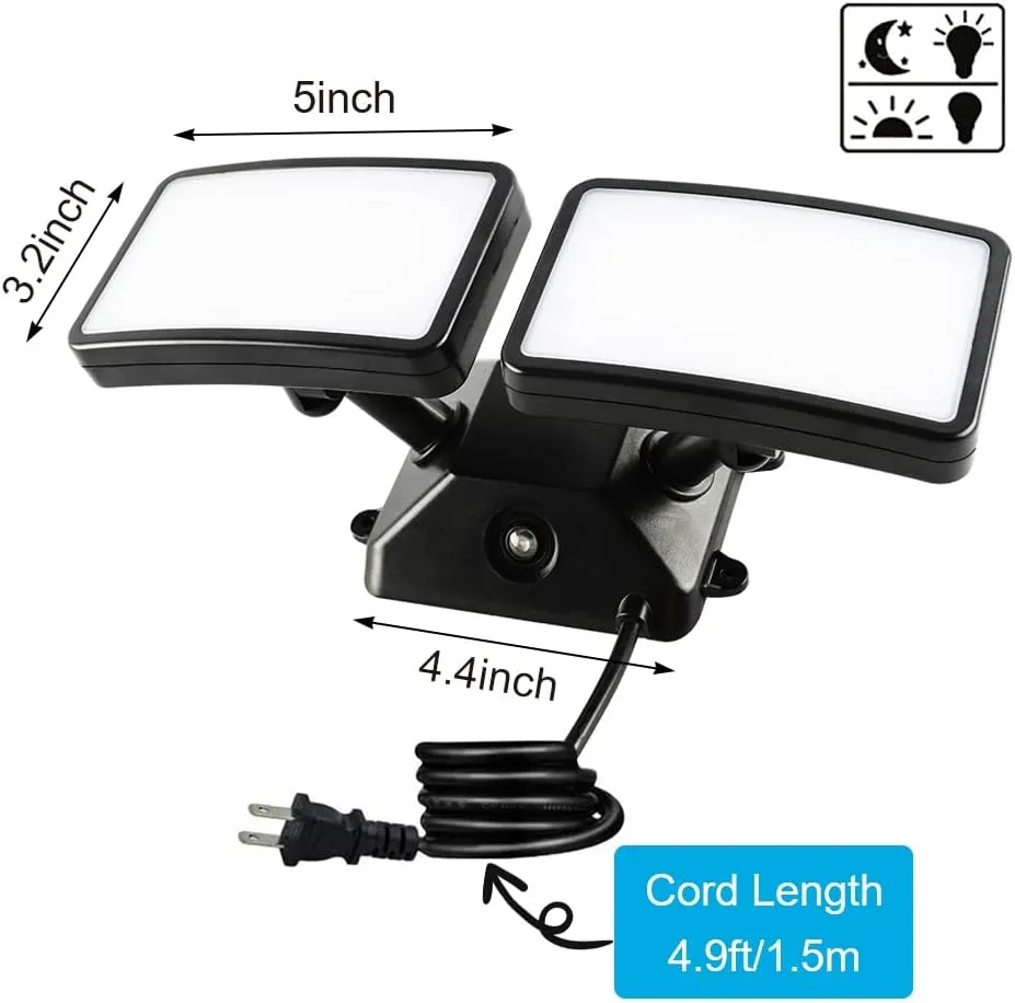 FAGUANGAO Dusk to Dawn LED Security Light,18W Plug in Flood Light Outdoor,5000k Daylight,1600lm, IP55 Waterproof,Adjustable 2 Heads Wall Light for Garage, Porch, Yard,2Pack Black