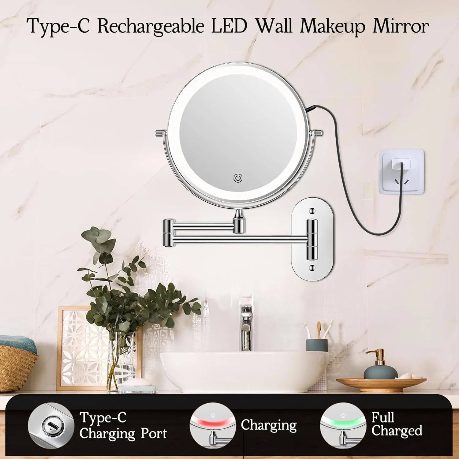 FASCINATE Rechargeable LED Wall Magnifying Mirror, Wall Mounted 8'' Makeup Mirror with 3 Lights and 1X 10X Magnification, 360° Swivel 17.4 inch Extension Bathroom Mirror (Silver)