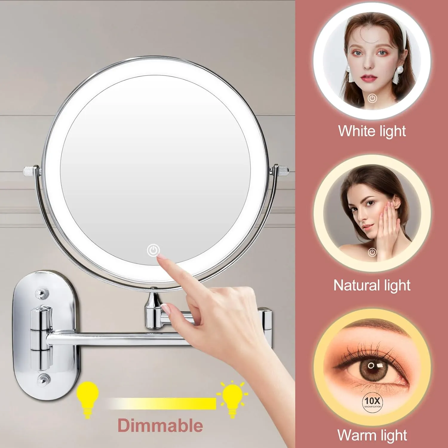 FASCINATE Rechargeable LED Wall Magnifying Mirror, Wall Mounted 8'' Makeup Mirror with 3 Lights and 1X 10X Magnification, 360° Swivel 17.4 inch Extension Bathroom Mirror (Silver)