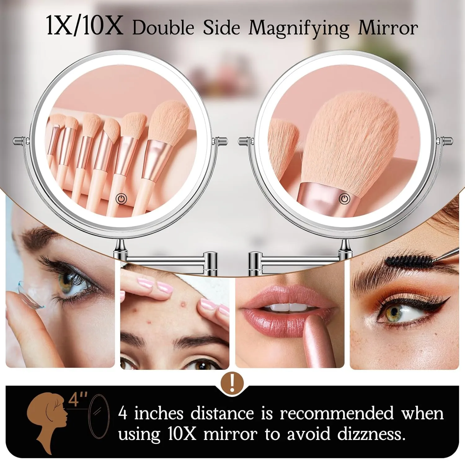 FASCINATE Rechargeable LED Wall Magnifying Mirror, Wall Mounted 8'' Makeup Mirror with 3 Lights and 1X 10X Magnification, 360° Swivel 17.4 inch Extension Bathroom Mirror (Silver)