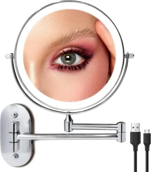 FASCINATE Rechargeable LED Wall Magnifying Mirror, Wall Mounted 8'' Makeup Mirror with 3 Lights and 1X 10X Magnification, 360° Swivel 17.4 inch Extension Bathroom Mirror (Silver)