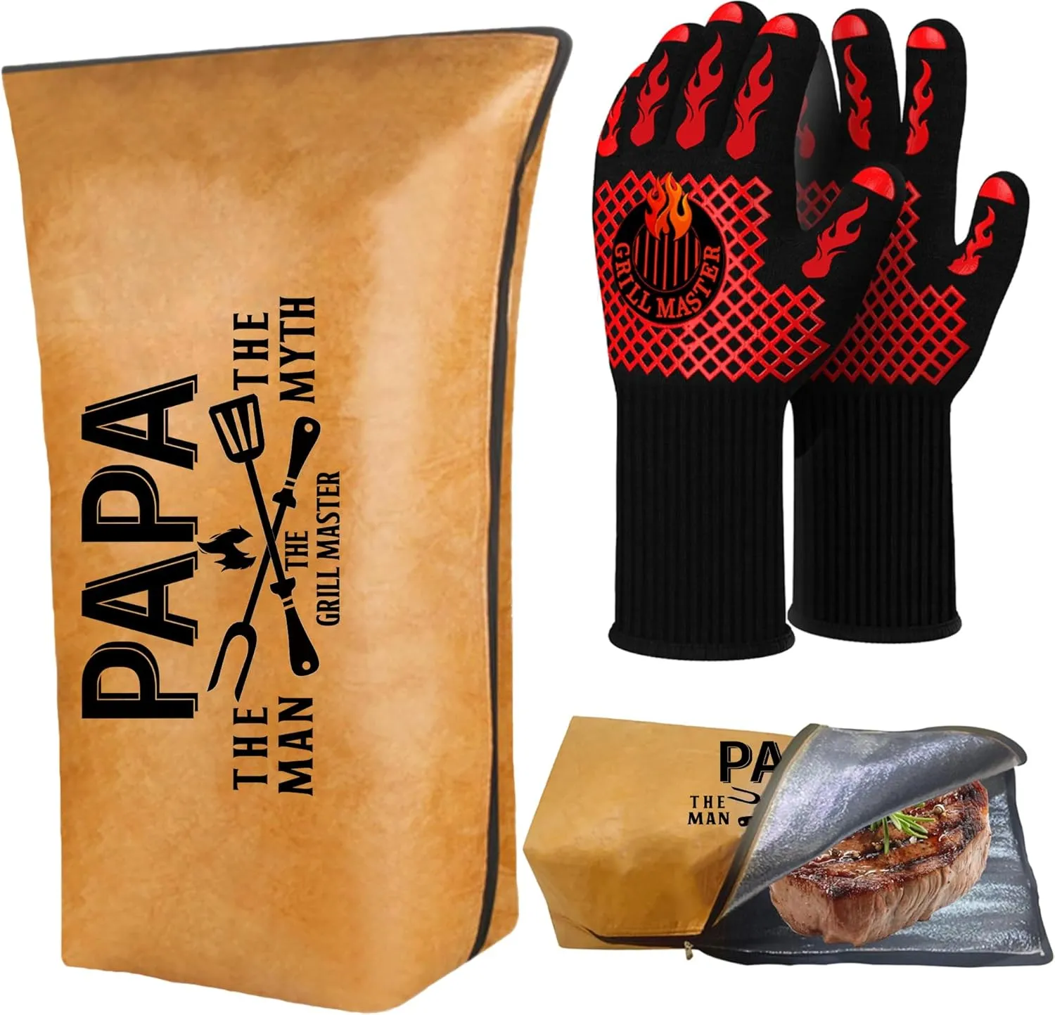 Fathers Day Papa Gifts, Gifts for Papa from Grandkids BBQ Blanket with Grill Gloves, Meat Resting Bag for BBQ Smoking, Grilling Gloves Heat Resistant for Outdoor Grill Party on Birthday Christmas