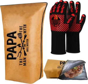 Fathers Day Papa Gifts, Gifts for Papa from Grandkids BBQ Blanket with Grill Gloves, Meat Resting Bag for BBQ Smoking, Grilling Gloves Heat Resistant for Outdoor Grill Party on Birthday Christmas