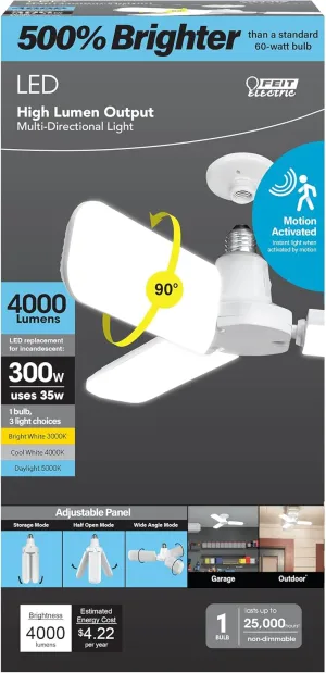 Feit Electric LED Motion Sensor Light Panel, 300W Equivalent, 90° Adjustable Panel,E26 Standard Base, 80 CRI, 4000 Lumens, Selectable White, 18 Years Lifetime, ADJ4000/3CCT/MM/LED