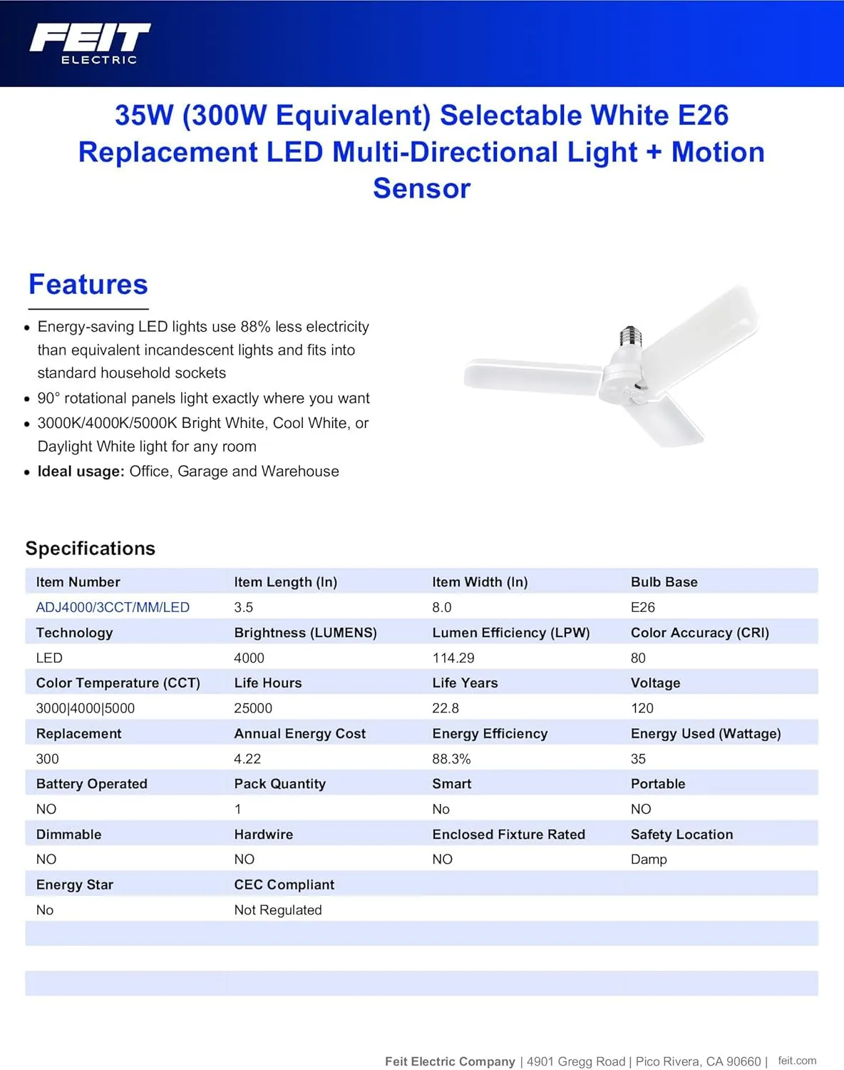 Feit Electric LED Motion Sensor Light Panel, 300W Equivalent, 90° Adjustable Panel,E26 Standard Base, 80 CRI, 4000 Lumens, Selectable White, 18 Years Lifetime, ADJ4000/3CCT/MM/LED