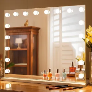 Fenair Large Vanity Makeup Mirror with Lights 32"X23" Lighted Hollywood Mirror with 18 Dimmable Bulbs, 3 Color Light Settings, USB Port, Bedroom Makeup Mirror for Tabletop