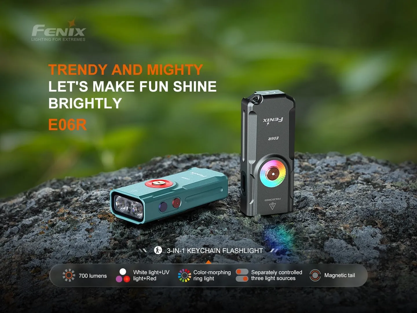 Fenix E06R 700 Lumen 3-in-1 EDC Keychain Flashlight, USB-C Rechargeable, Includes UV Light and Organizer (Green)