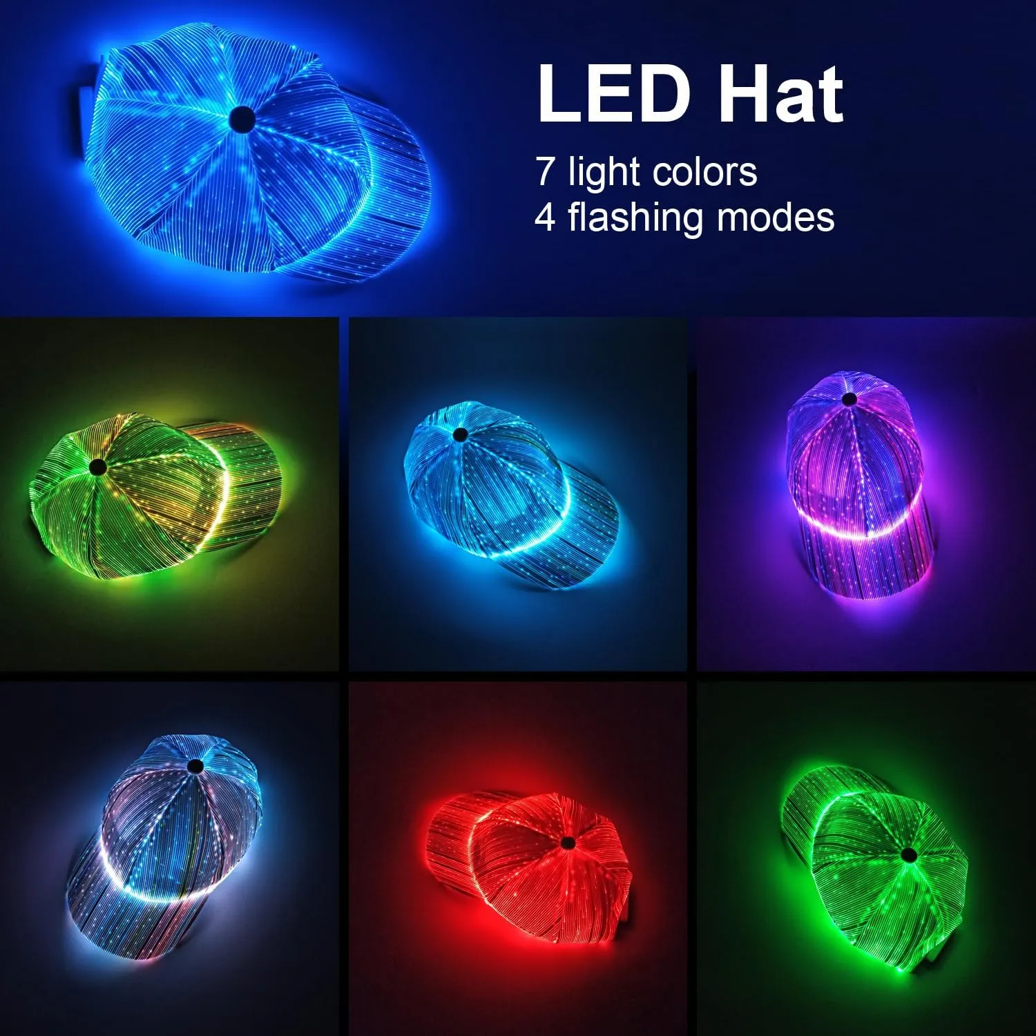 Fiber optic cap LED hat with 7 colors luminous glowing EDC baseball hats USB Charging light up caps even party led crazy cap for event holiday