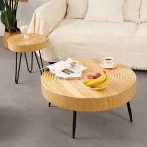 FIDROOM ﻿Round Wood Coffee Table Set of 2, Farmhouse Nesting Table w/Fluted Finish, Boho Circle Center Table for Living Room Tiny Home (Ring Pattern)