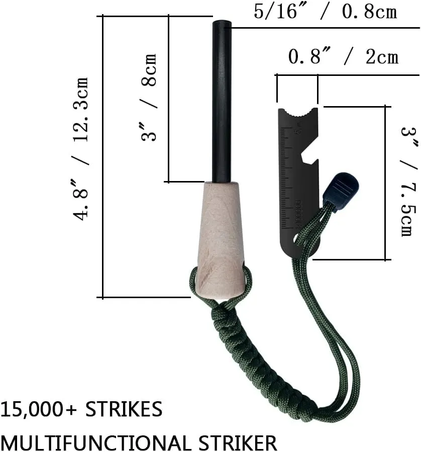 Fire Starter Survival Kit, Larger Ferro Rod with Striker Lanyard 3in Long Flint and Steel, 13.8in Wick Hemp Cord, Multifunctional Bag