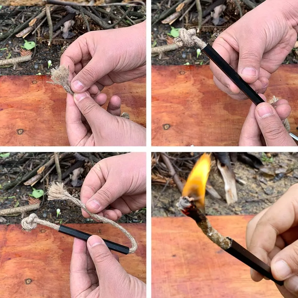 Fire Starter Survival Kit, Larger Ferro Rod with Striker Lanyard 3in Long Flint and Steel, 13.8in Wick Hemp Cord, Multifunctional Bag