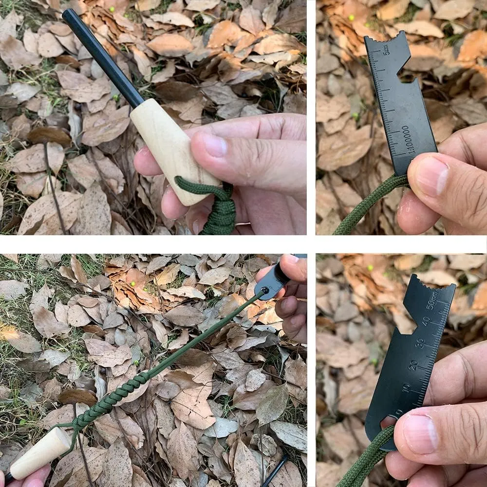 Fire Starter Survival Kit, Larger Ferro Rod with Striker Lanyard 3in Long Flint and Steel, 13.8in Wick Hemp Cord, Multifunctional Bag
