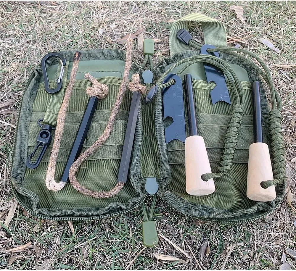 Fire Starter Survival Kit, Larger Ferro Rod with Striker Lanyard 3in Long Flint and Steel, 13.8in Wick Hemp Cord, Multifunctional Bag